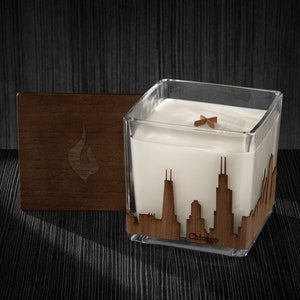 Chicago Skyline Wood Wrapped Candle | Mahogany Scented Soy Based Square Candles With Wood Lid
