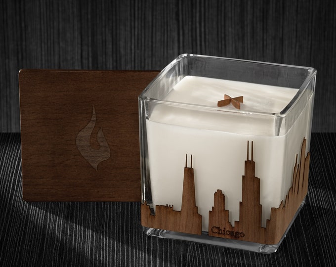 Chicago Skyline Wood Wrapped Candle | Mahogany Scented Soy Based Square Candles With Wood Lid