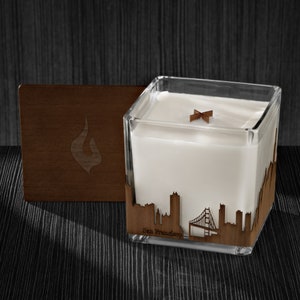 San Francisco Skyline Wood Wrapped Candle | Mahogany Scented Soy Based Square Candles With Wood Lid