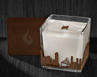 San Francisco Skyline Wood Wrapped Candle | Mahogany Scented Soy Based Square Candles With Wood Lid