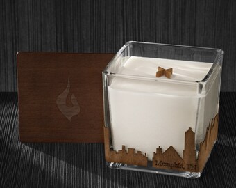 Memphis, TN Skyline Wood Wrapped Candle | Mahogany Scented Soy Based Square Candles With Wood Lid