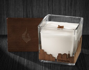 Minneapolis Skyline Wood Wrapped Candle | Mahogany Scented Soy Based Square Candles With Wood Lid