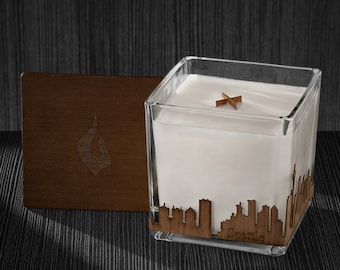 Seattle Skyline Wood Wrapped Candle | Mahogany Scented Soy Based Square Candles With Wood Lid