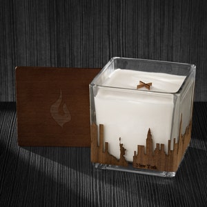 New York Skyline Wood Wrapped Candle | Mahogany Scented Soy Based Square Candles With Wood Lid