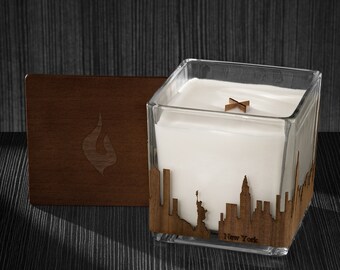 New York Skyline Wood Wrapped Candle | Mahogany Scented Soy Based Square Candles With Wood Lid