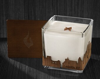 Louisville, KY Skyline Wood Wrapped Candle | Mahogany Scented Soy Based Square Candles With Wood Lid