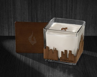 Philadelphia Skyline Wood Wrapped Candle | Mahogany Scented Soy Based Square Candles With Wood Lid