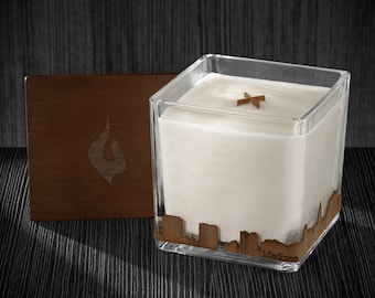 Madison Skyline Wood Wrapped Candle | Mahogany Scented Soy Based Square Candles With Wood Lid