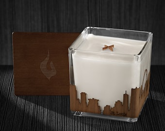 St. Louis Skyline Wood Wrapped Candle | Mahogany Scented Soy Based Square Candles With Wood Lid