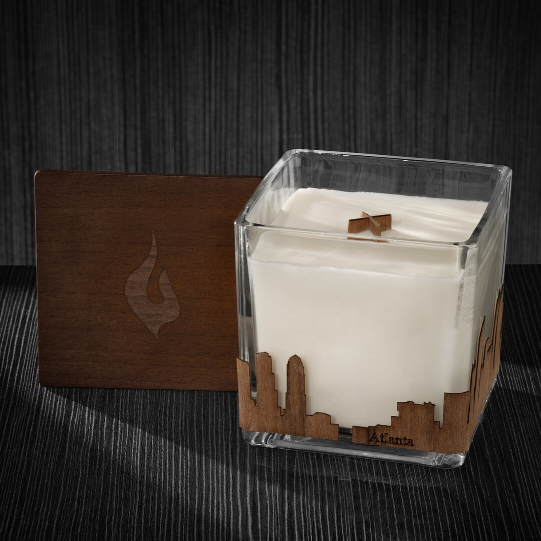 Atlanta City Skyline Wood Wrapped Candle Mahogany Scented Soy Based