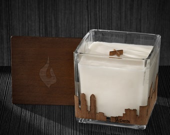Atlanta City Skyline Wood Wrapped Candle | Mahogany Scented Soy Based Square Candles With Wood Lid