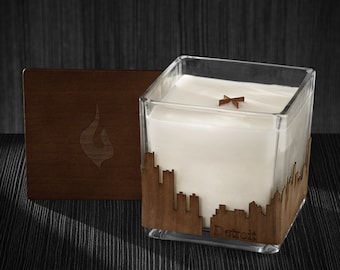 Detroit Skyline Wood Wrapped Candle | Mahogany Scented Soy Based Square Candles With Wood Lid