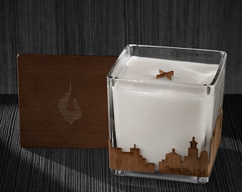 Santa Fe, NM Skyline Wood Wrapped Candle | Mahogany Scented Soy Based Square Candles With Wood Lid