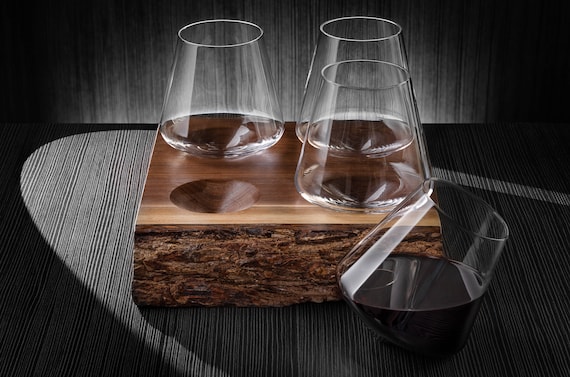 Aerating Swoon Revolving Spinning Tipsy Wine Glasses on Live Edge Walnut  Wood Stand 