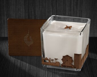 Santa Monica Skyline Wood Wrapped Candle | Mahogany Scented Soy Based Square Candles With Wood Lid