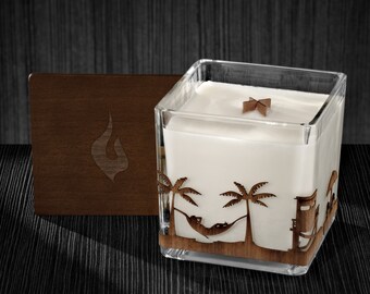 Beach Scene Wood Wrapped Candle | Mahogany Scented Soy Based Square Candles With Wood Lid