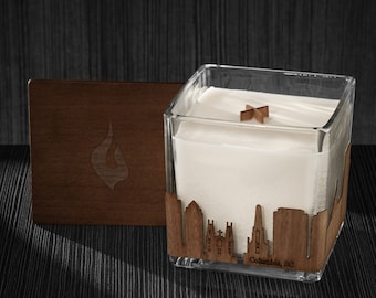 Columbia, SC Skyline Wood Wrapped Candle | Mahogany Scented Soy Based Square Candles With Wood Lid