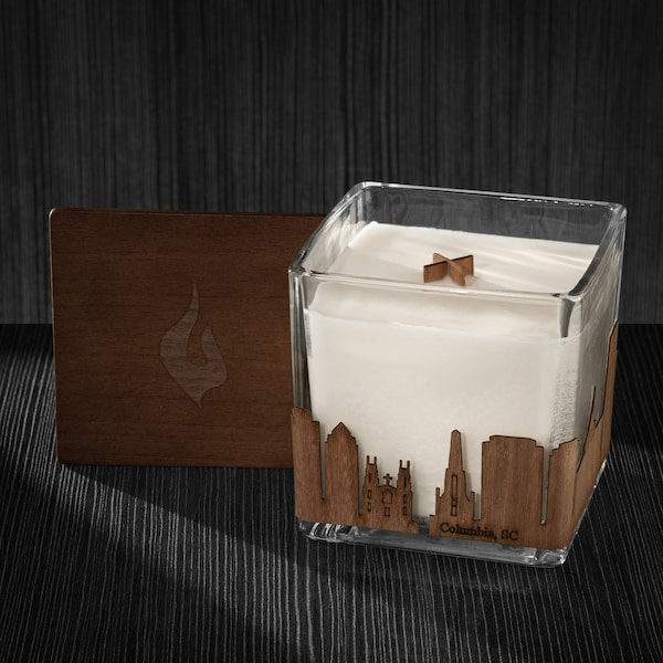 Columbia, SC Skyline Wood Wrapped Candle | Mahogany Scented Soy Based Square Candles With Wood Lid