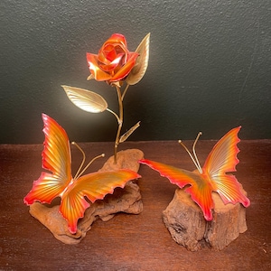 Vintage set of copper butterflies and rose sculpture with brass leaves on burl wood vintage butterflies brass butterflies MCM art metal art