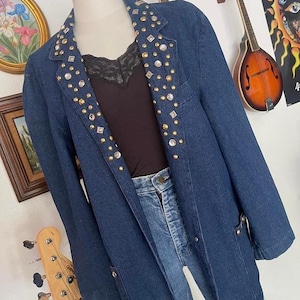 Vintage denim duster with stud and rhinestone embellishments large denim jacket 80s jacket studded jacket 80s party vintage jean jacket