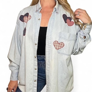 Vintage denim button down shirt with heart patches womens vintage shirt Grannycore Shirt patchwork shirt denim button up shirt