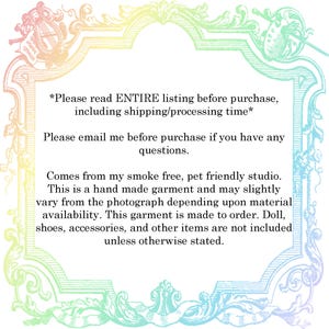 May include: A decorative frame with a pastel rainbow gradient and ornate floral and musical instrument accents. Text within the frame provides details about the product, including handmade garment information and studio details.