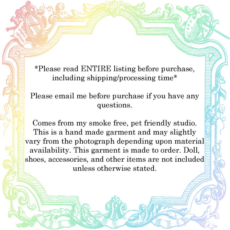 May include: A decorative frame with a pastel rainbow gradient and ornate floral and musical instrument accents. Text within the frame provides details about the product, including handmade garment information and studio details.