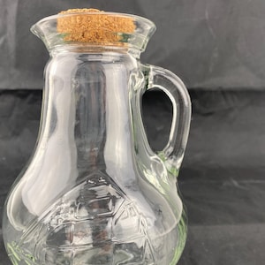 Embossed Sailboat Clipper Ship Pitcher Jar Clear Glass Vase Bottle Decanter with Cork Stopper 7" VTG ***FLAWS