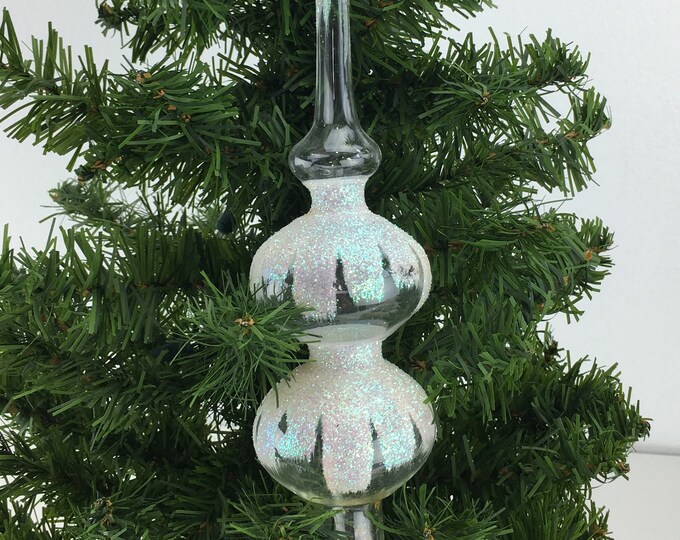 Blown Glass Spire Ornament Tree Topper 11 Clear With Glitter Vintage