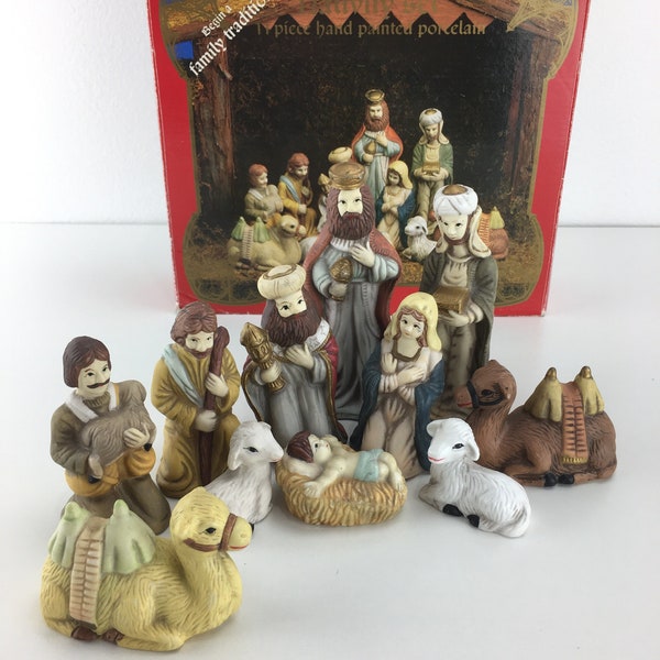 Nativity Set 11pc Hand Painted Porcelain Figurines w/ Box Vintage Christmas Holy Family Religious Home Decor