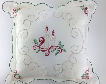 Christmas Decorative Pillow Embroidered Candles w/ Poinsettias White Red Gold Square Scalloped Trim