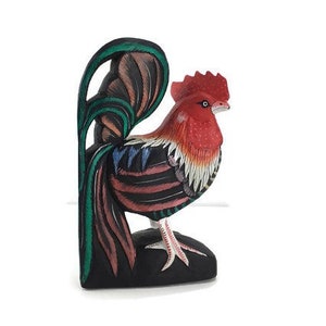 Folk Art Rooster Figurine Sculpture Carved Wood Hand Painted Vibrant Colorful Red Blue Green Black 14"H Farmhouse Southwestern Boho Mexican