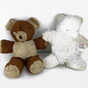 Teddy Bears Plush Stuffed Animals 14&quot; Lot of 2 Brown & White Quilted VTG Rustic Primitive Distressed