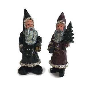 Old World Gnome Santa Father Christmas Figurines Green Burgundy Pair Holiday Home Decor Rustic Farmhouse Cabin Hunting Lodge