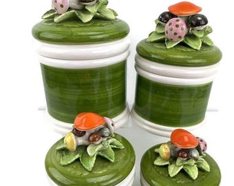Seymour Mann Mushroom Canister Set of 4 w/ 3D Lids Green Ceramic Storage Jars VTG MCM 1970s Japan Woodland Kitschy Kitchen Decor ***FLAWS