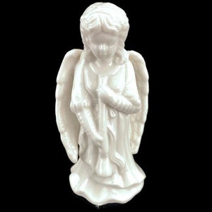 White Porcelain Angel Girl Lady with Horn Figurine Small 5&quot;H VTG Christmas Holiday Home Decor Religious