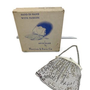 Whiting & Davis Silver Mesh Evening Purse Handbag Clutch Kiss Lock Arched Top VTG USA Mini Small Victorian Art Deco Nouveau in Original Box