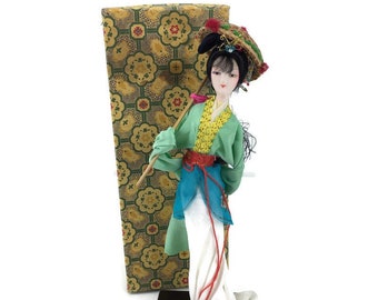 Asian Geisha Doll 10" on Wood Stand Traditional Kimono Dress w/ Umbrella Parasol Vintage 1960's in Original Box People's Republic of China