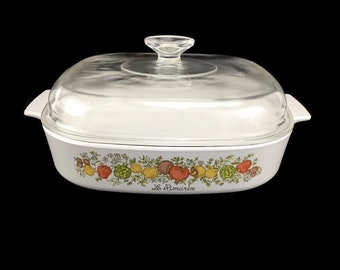Corning Ware Le Romarin Spice of Life 2.5 Quart Square Casserole Dish A-10-B Stamped Handle With Lid A-12-C USA 10x10x2 Vintage 70&#39;s 80&#39;s