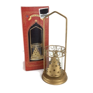 Gold Christmas Tree Lantern Votive Candle Holder Figurine 9.5&quot; Vintage Christmas Decor w/ Original Box