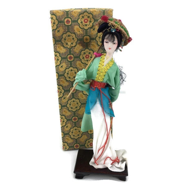 Asian Geisha Doll 10" on Wood Stand Traditional Kimono Dress w/ Umbrella Parasol Vintage 1960's in Original Box People's Republic of China