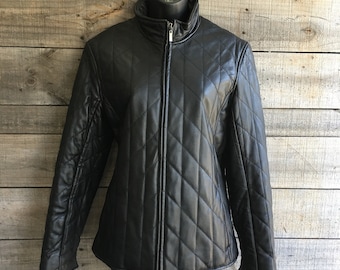 Gallery Leather Biker Moto Jacket Black Women’s S Small Diamond Quilted Vintage Soft Coat Motorcycle Pockets Zip Lined Split Cuff Sleeves