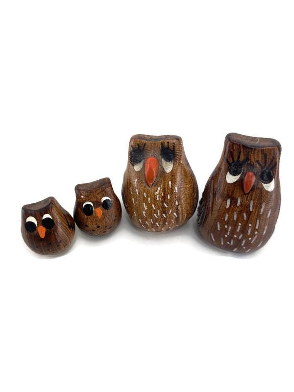 Signed Mini Owl Family of 4 Figurines Carved Wooden Hand Painted 1.25" Whimsical Novelty Quirky
