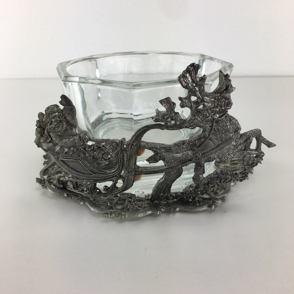 Metzke Pewter Santa's Sleigh Reindeer Candle Holder 2Pc Ring Wreath Base w/ Clear Glass Round Bowl 8" Vintage 1990