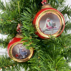 Norman Rockwell Christmas Ornaments Set 2Pc Santa and Elves Santa and Expense Book Bradford Exchange Heirloom Porcelain Red Classic VTG 1999