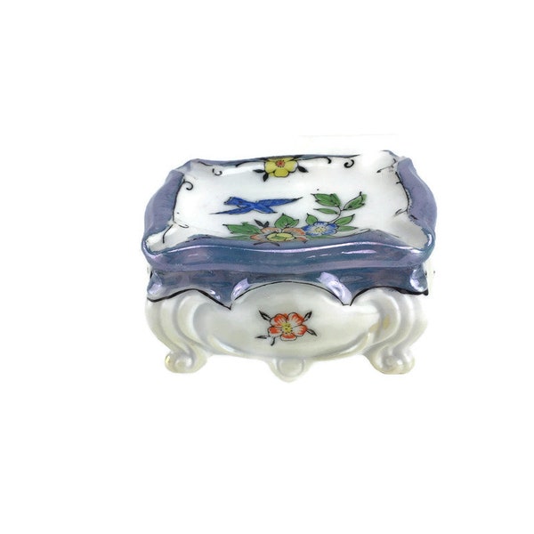 Blue Lusterware Jewelry Trinket Box Footed Ash Tray w/ Lid Floral Bluebird w/ FLAWS Vintage Japan Porcelain