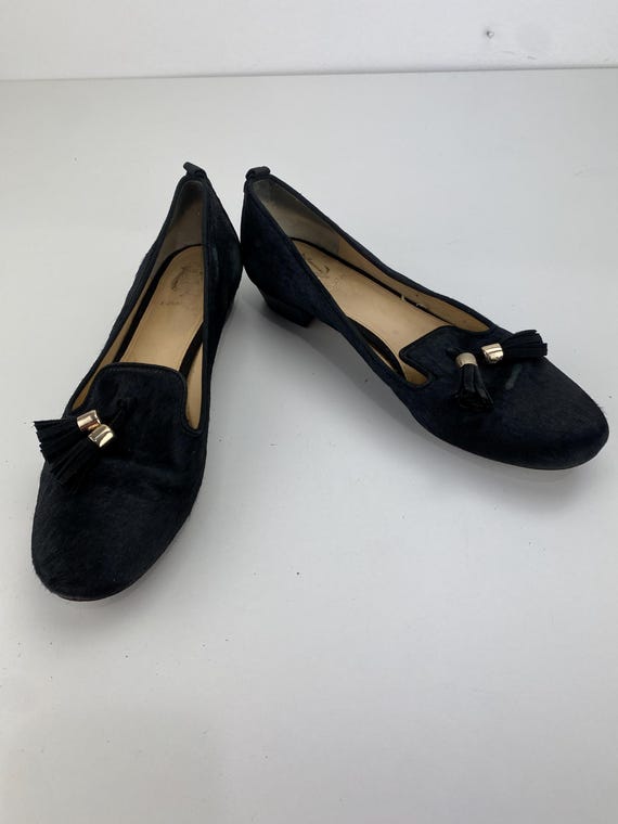 Vince Camuto Signature Nancy Tassel Loafers Black Calf Cow Hair Fur Slip Ons Flat Low Heels 1" Almond Toe Women's Size 8 M VTG