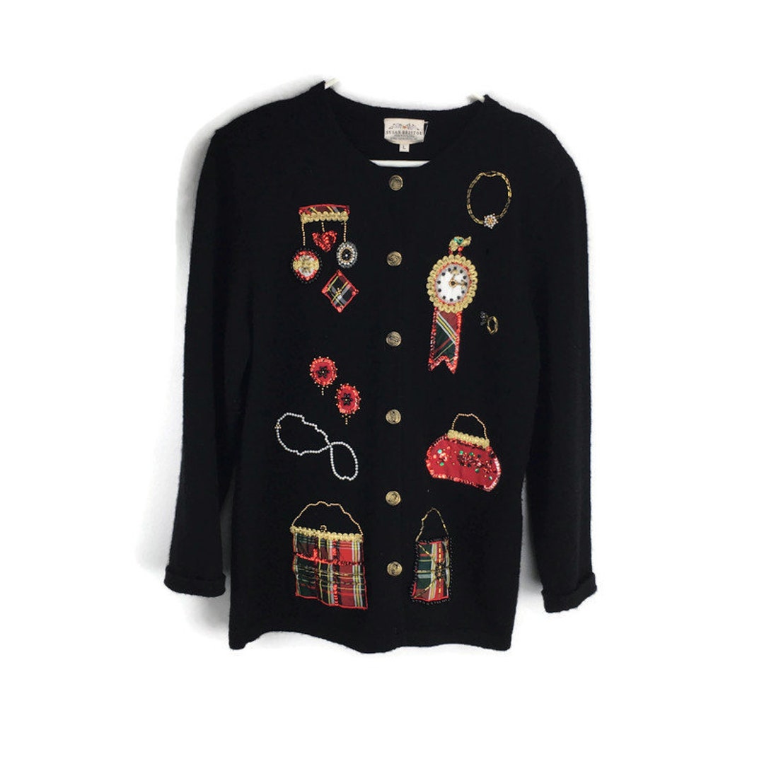 Gilet Pull De Noël Susan Bristol – Femme – Laine Rouge – Poches – Vintage