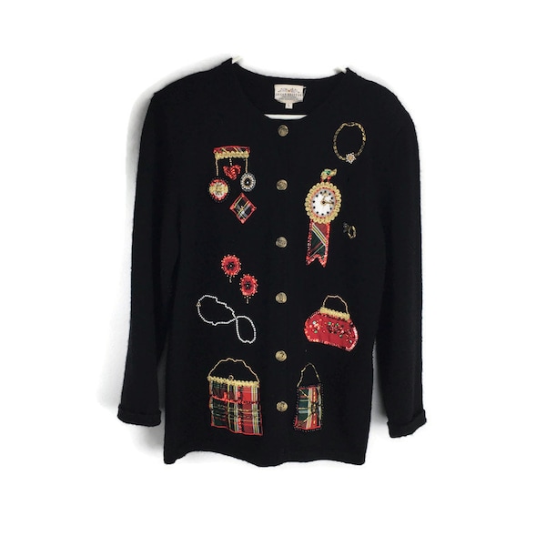 Susan Bristol Christmas Cardigan Sweater Black Red Women’s L Large Vintage 90's Worsted Wool Purses & Ornaments Appliques FLAWS