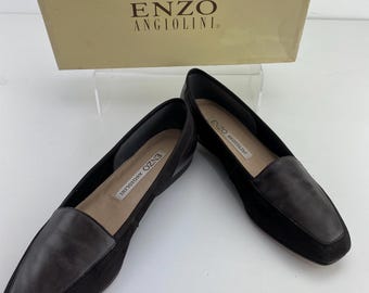 Enzo Angiolini Brown Leather Loafers Slip Ons Ballet Flat Heels Square Toe Women's Size 8.5 M VTG Brazil w/ Original Box